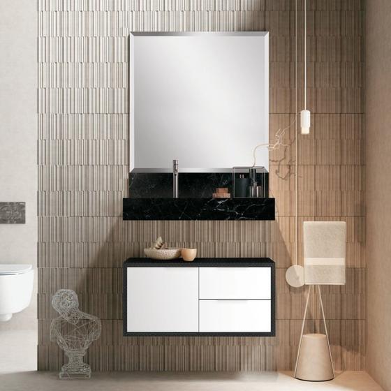 Imagem de Conjunto Banheiro com Espelho Armário Bancada em Porcelanato e Cuba Esculpida 80cm Pró