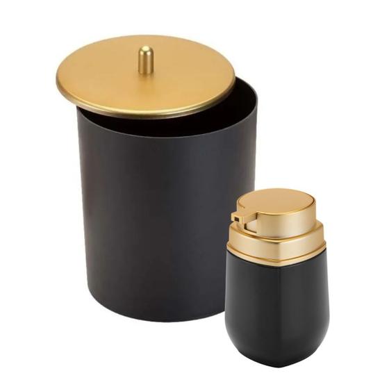 Imagem de Conjunto Banheiro Lavabo 2 Peças Lixeira Com Tampa E Porta Sabonete Líquido Preto Dourado Fosco