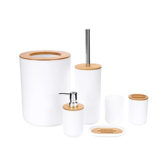Imagem de Conjunto Banheiro Lixeira Saboneteira Kit 6 Peças Bambu