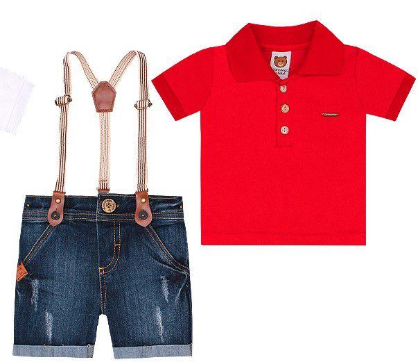 Imagem de Conjunto Bebê Camisa Vermelho Polo e Bermuda Jeans c/Suspensório Aconchego
