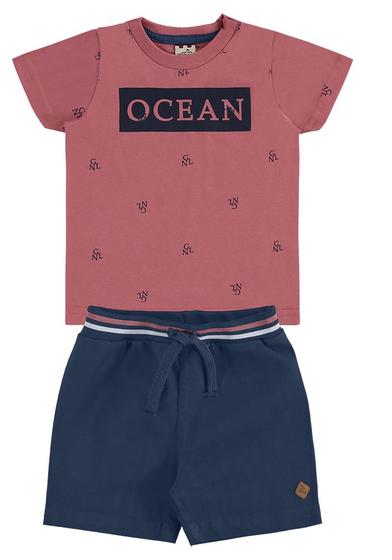 Imagem de Conjunto bebê camiseta curta salmão estampado com bermuda azul marinho