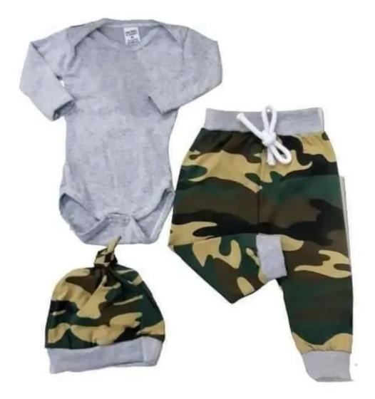 Imagem de Conjunto Bebe Camuflado Bodye Touca Calça Tamanho P