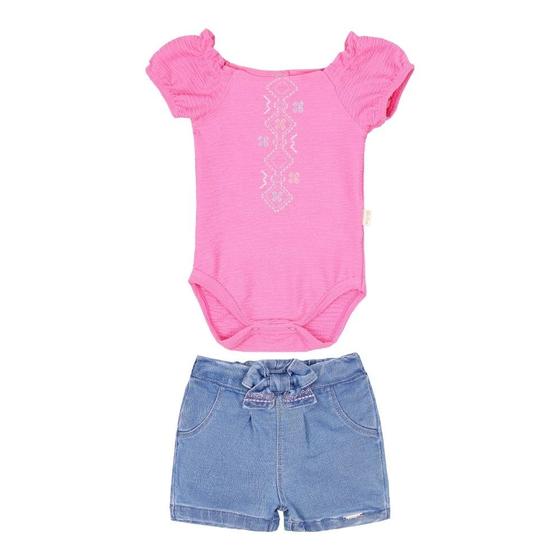 Imagem de Conjunto Bebê Menina Body Bordado Shorts Jeans Paraiso 15437