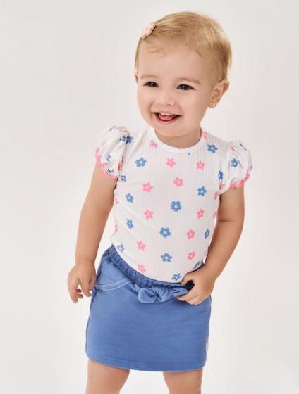 Imagem de Conjunto Bebê Menina Body Flores E Short-Saia Natural E Azul Jeans Médio Cinti