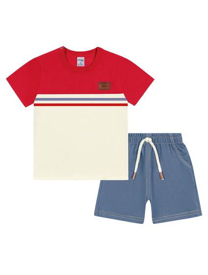 Imagem de Conjunto Bebê Menino Camiseta Listrada E Bermuda Vermelho E Jeans Médio Divertto