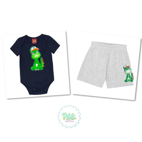 Imagem de Conjunto Bebê Menino Kyly Body Cotton Bermuda Moletinho Marinho/Mescla White