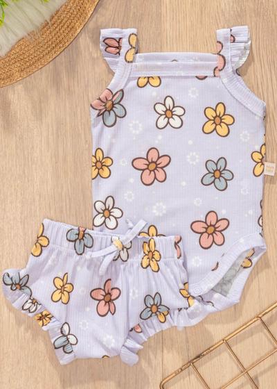 Imagem de Conjunto Bebê Verão Body e Tapa Fralda Babado Flores Lilás