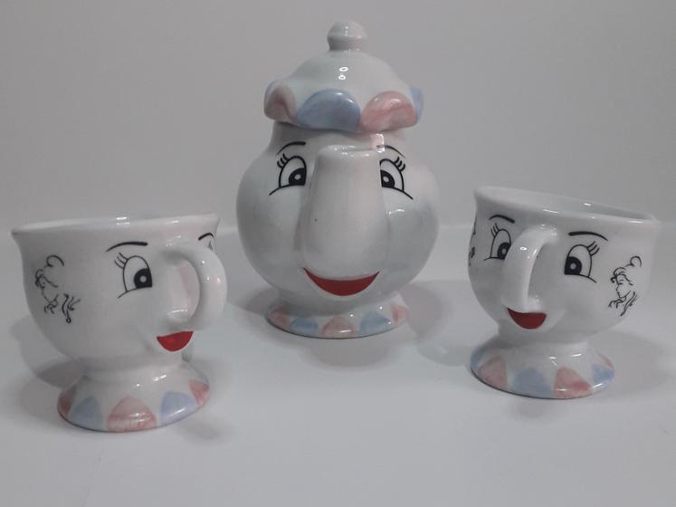 Conjunto Bela e a Fera em Porcelana Café Chá - 3 Peças - 1 Bule + 2 Xicaras Menor preço em Conjunto Bela e a Fera em Porcelana Café Chá - 3 Peças - 1 Bule + 2 Xicaras