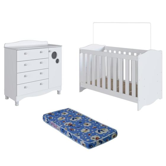 Imagem de Conjunto Berço Infantil 3 em 1 com Colchão e Regulagem de Altura e Cômoda Infantil 4 Gavetas 1 Porta com Prateleira e Trocador
