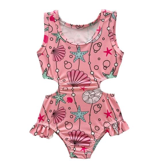 Imagem de Conjunto Biquini Blusinha Menina Infantil Praia Proteção Solar Uv Maiô Manga Curta Cavada Babadinho