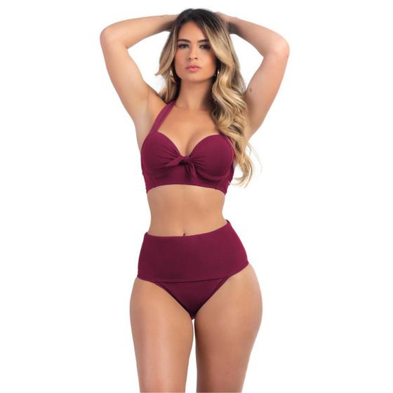 Imagem de Conjunto Biquíni Meia Taça Com Bojo Sustentação Calcinha Hot Pant Retro Amarrar Moda Praia Verão 2024 