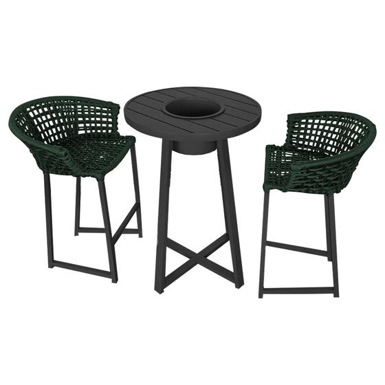 Imagem de Conjunto Bistrô Champanheira Tampo Ripado e 2 Banquetas Reis Corda Náutica Verde Musgo