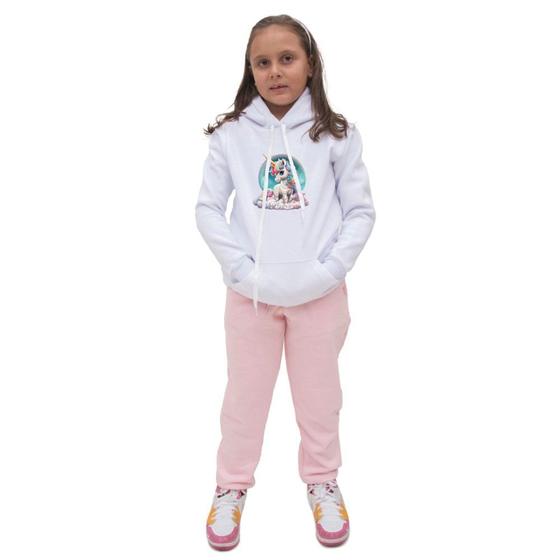 Imagem de Conjunto Blusa Canguru Menina Infantil Estampa Unicornio Com Calça Basica Quentinha Para Inverno