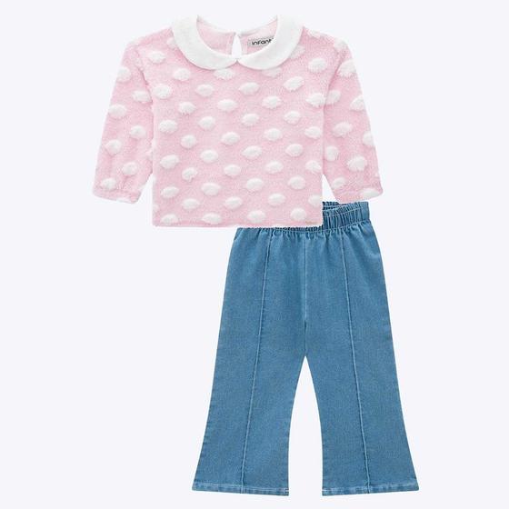 Imagem de Conjunto Blusa em Pelo Poá com Calça Flare Jeans Bellini Infantil Feminino Infanti 71503