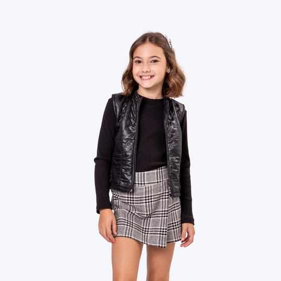 Conjunto Infantil Menina MIGU 3 Peças - Saia Xadrez, Blusa Babados E Boina, Outono/Inverno