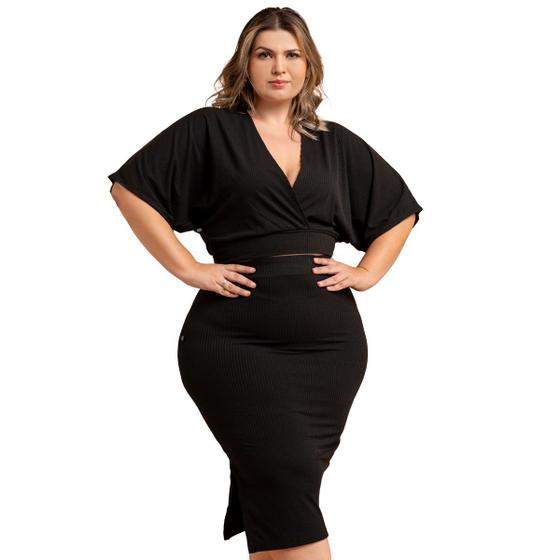 Imagem de Conjunto Blusa Morcego + Saia Midi Modeladora Canelada Lápis Feminino