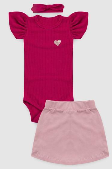 Imagem de Conjunto Body Bebe Menina Canelado Saia Coracao Brilho