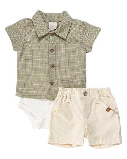 Imagem de Conjunto Body Bebe Menino + Short Linho 100% Algodão - Anjos Baby