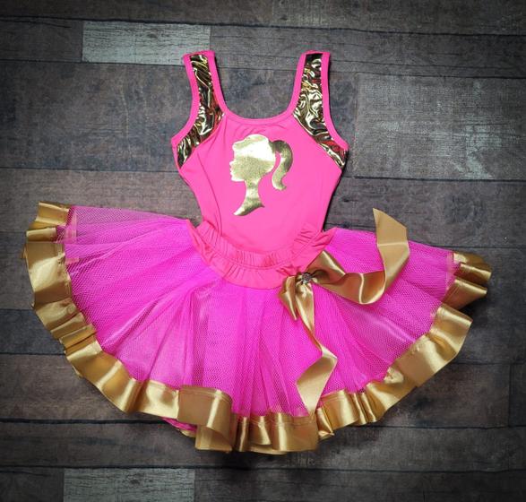 Imagem de Conjunto Body e Saia de Tule Infantil Juvenil Fantasia de Festa Carnaval Halloween Barbie Rosa Pink 