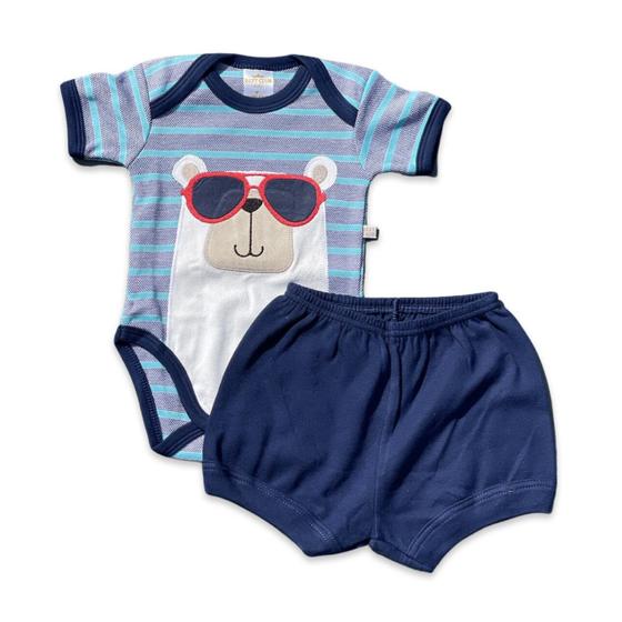 Imagem de Conjunto body e shorts Best Club Baby listrado azul com bordado urso