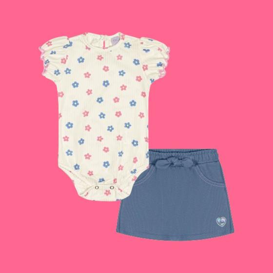 Imagem de Conjunto Body e Shorts/Saia Natural, Rosa Cheer e Azul Jean - Cinti