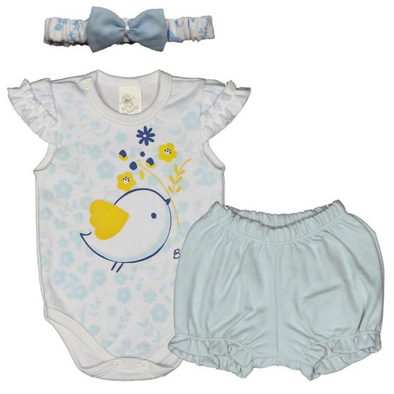 Imagem de Conjunto Body Suedine Manga Curta Fru Fru Estampa Passarinho + Shorts Liso + Tiara Com Laço