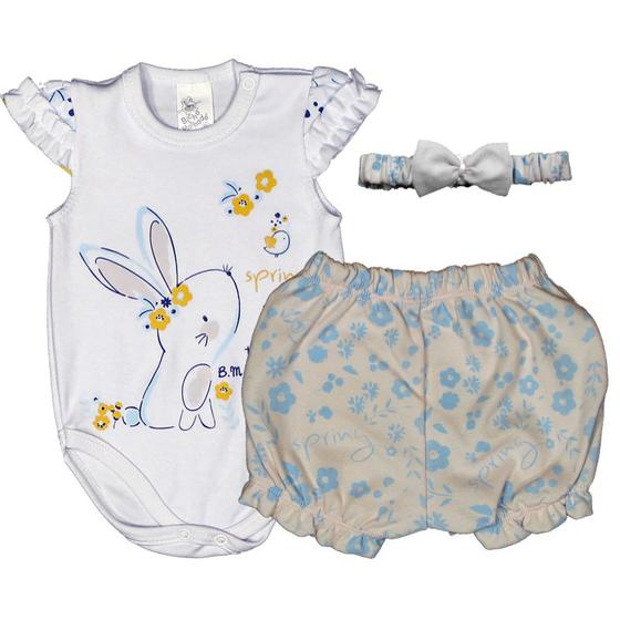 Imagem de Conjunto Body Suedine Manga Curta Fru Fru Estampa Spring + Shorts Estampado + Tiara Com Laço