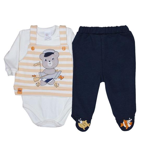 Imagem de Conjunto Body Suedine Manga Longa Ab. Liso + Colete Listrado Bordado Urso + Calça Suedine Bordado Co
