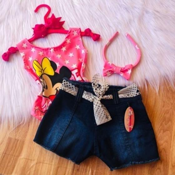 Imagem de Conjunto Bodys Menina Infantil Temático Minnie Rosa Adulta + Short