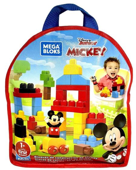 Imagem de Conjunto Bolsa Blocos De Montar Mega Bloks Para Bebê E Criança - Disney - 60 Peças - Mickey Mouse - Desenvolve Coordenação Motora - Mattel