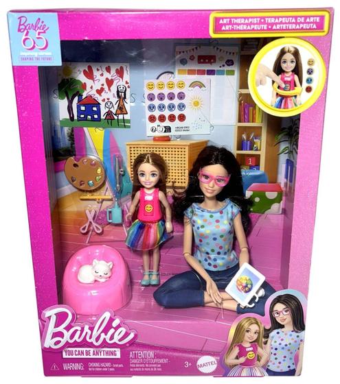 Imagem de Conjunto Boneca Barbie Articulada Morena Profissões Terapeuta E Menina Chelsea Loira  Terapia De Arte Trata Saúde Mental  Viva A Diversidade Mattel