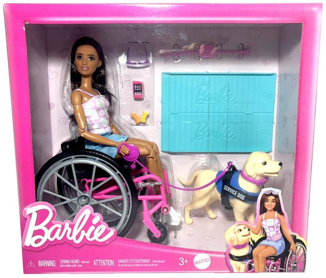 Imagem de Conjunto Boneca Menina Articulada Barbie Morena Cadeirante Cadeira De Rodas E Mini Pet Animal Cão Cachorro Cachorrinho Labrador De Serviço Mattel