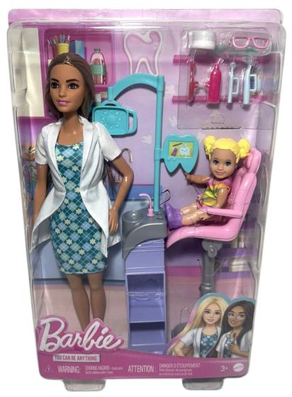 Imagem de Conjunto Boneca Menina Barbie Morena Profissões Quero Ser Dentista E Acessórios  Mattel Brinquedos