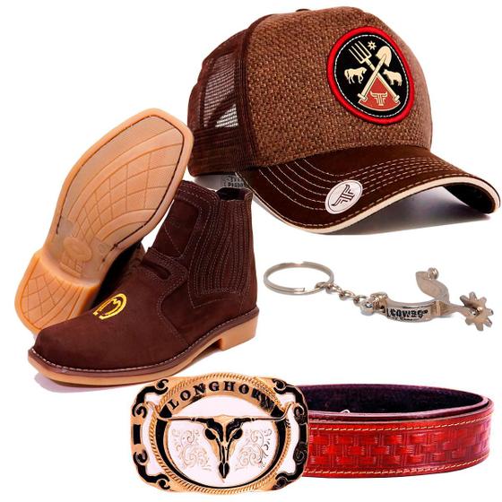 Imagem de Conjunto Botina Country Masculina + Cinto Fivela + Boné Farm