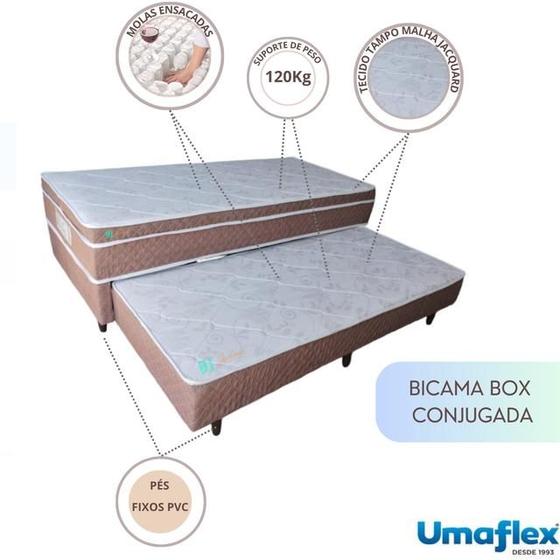 Imagem de Conjunto Box Conjugado Solteiro com Cama Auxiliar Molas Ensacadas Milão Umaflex 88x188x62cm - Bicama Otimiza Espaço com acomodação para 2 pessoas