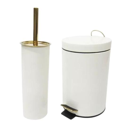 Imagem de Conjunto Branco e Dourado para Banheiro-Lixeira com pedal+escova sanitária - By Fineza