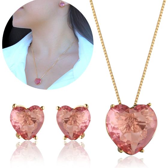 Imagem de Conjunto Brinco Colar Coração Rose Banhado Ouro Prata Estilo