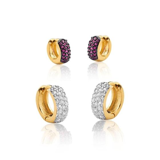 Imagem de Conjunto Brinco de Argolas Primeiro e Segundo Furo zirconias brancas e rubi banhado em ouro 18k
