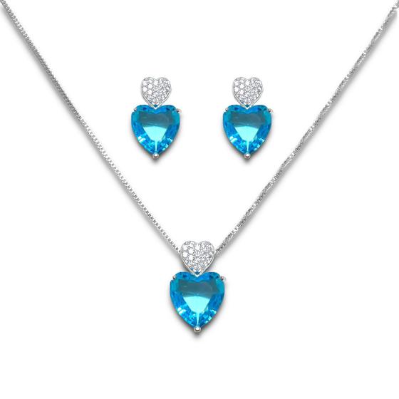 Imagem de Conjunto Brinco e Colar Coração Duplo Azul Turquesa e Zircônia Banhado a Prata