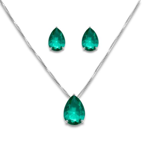 Imagem de Conjunto Brinco e Colar Gota Verde Turmalina Banhado a Prata