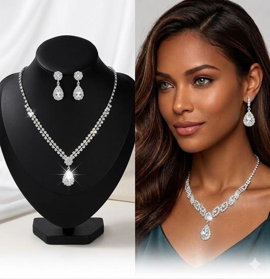 Conjunto Brincos Feminino E Colar Prata Zircônia Gota Festa Luxo