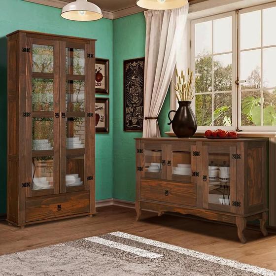Imagem de Conjunto Buffet Com Cristaleira Para Sala De Jantar Madeira Maciça Imbuia Kefi Shop JM