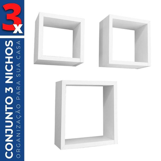 Imagem de Conjunto c/ 3 Nichos Quadrados Parede Quarto Decoração MDF Prateleira Modular