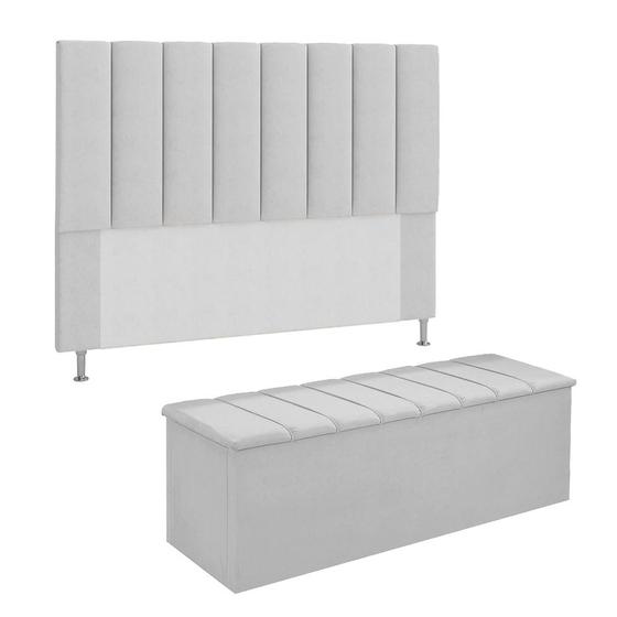 Imagem de Conjunto Cabeceira E Calçadeira Cancun Para Cama Box Casal 140 cm Suede Branco - LM DECOR