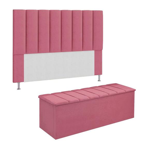 Imagem de Conjunto Cabeceira E Calçadeira Cancun Para Cama Box King 195 cm Suede Rosa Barbie - DL Decor