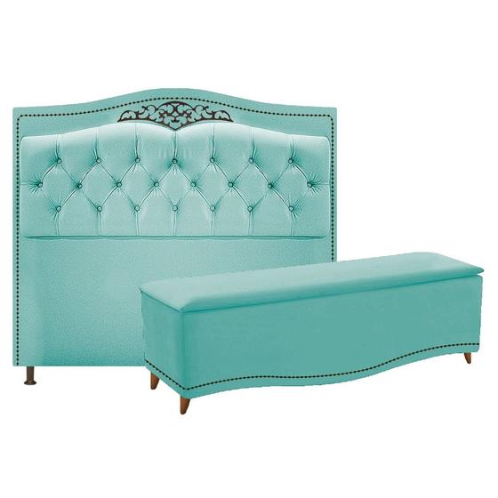 Imagem de Conjunto Cabeceira Estofado Yasmim + Recamier Baú Yasmim 140 Cm Para Cama Box Casal Quarto Suede Azul Turquesa - Amarena