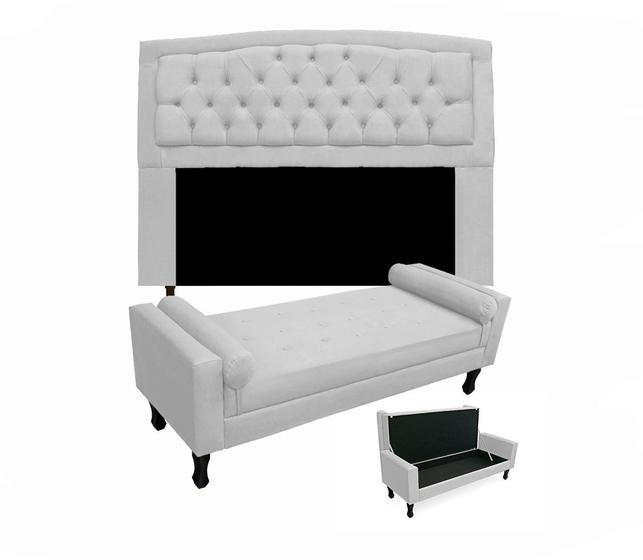 Imagem de Conjunto Cabeceira Geovana + Calçadeira Fênix Casal 140cm Suede Branco - LM DECOR
