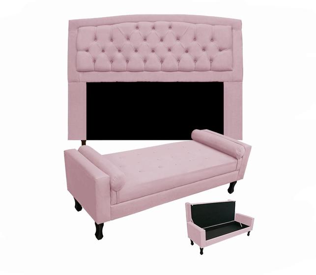 Imagem de Conjunto Cabeceira Geovana + Calçadeira Fênix Casal 140cm Suede Rosa Bebe - LM DECOR