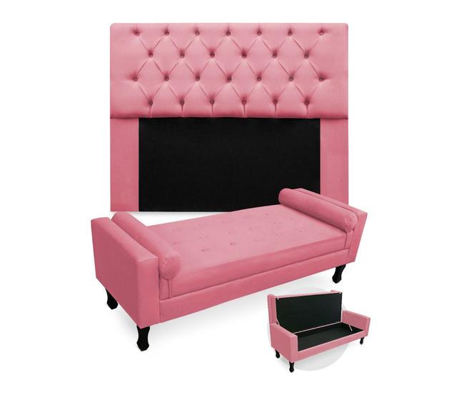 Imagem de Conjunto Cabeceira Mirage Com Recamier Baú Fenix Queen 160 cm Suede Rosa Barbie - DL DECOR