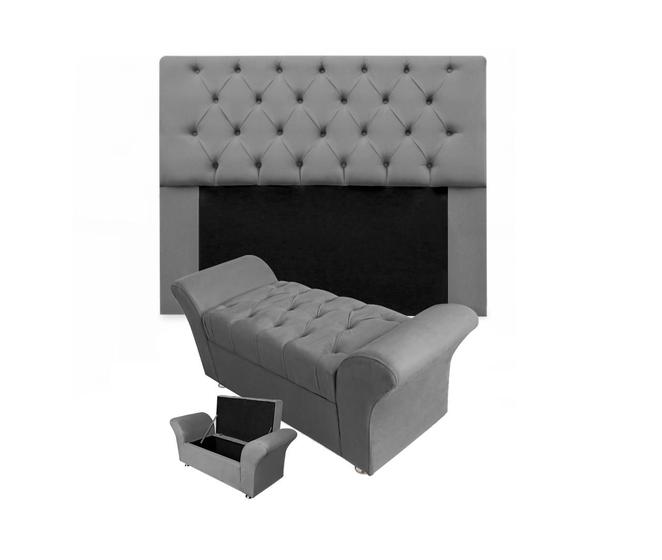 Imagem de Conjunto Cabeceira Mirage e Calçadeira Baú Veneza King 195 cm Suede Cinza - LM DECOR